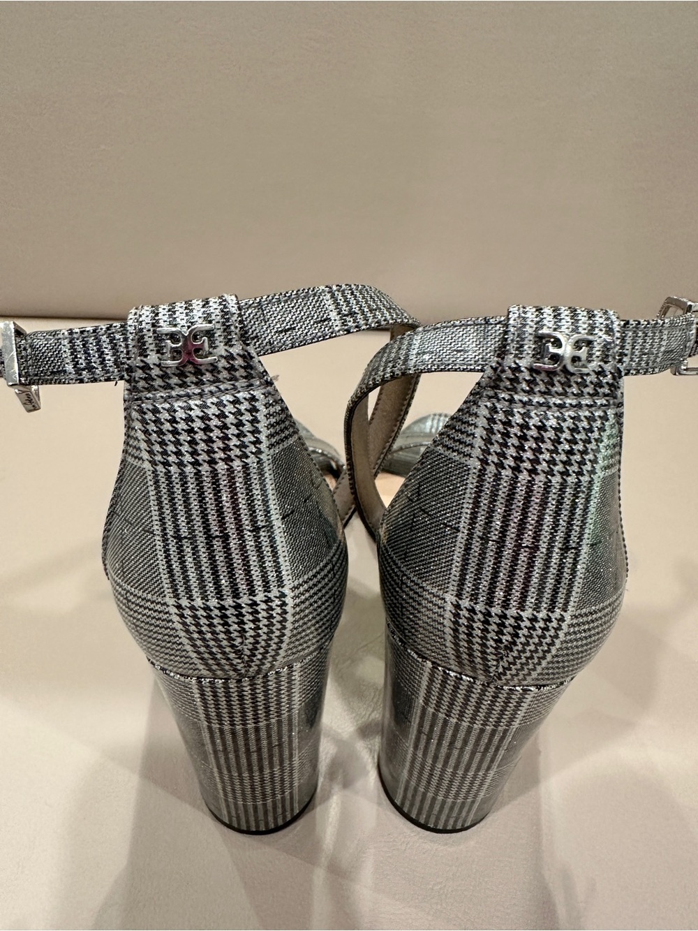 Sam Edelman Gray Plaid Block-Heel Ankle Strap Sandals - Picture 6 of 9